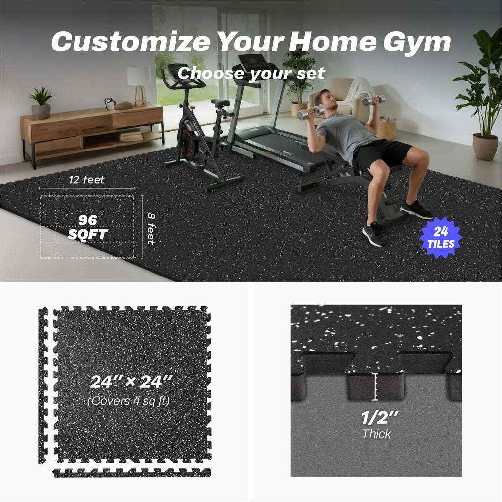 AIRHOP 1/2" Thick 48 Sq Ft Gym Flooring for Home Gym, Rubber Top Gym Mats
