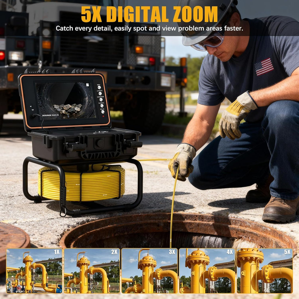 Powerwill Drain Camera with Self-Leveling, 165 ft / 50 m Sewer Pipe Inspection System, 9-Inch 1080P IPS Monitor, IP68-Rated Camera Head, 5 mm Push Cable with Meter Marking, DVR, 5X Zoom, 32GB Card