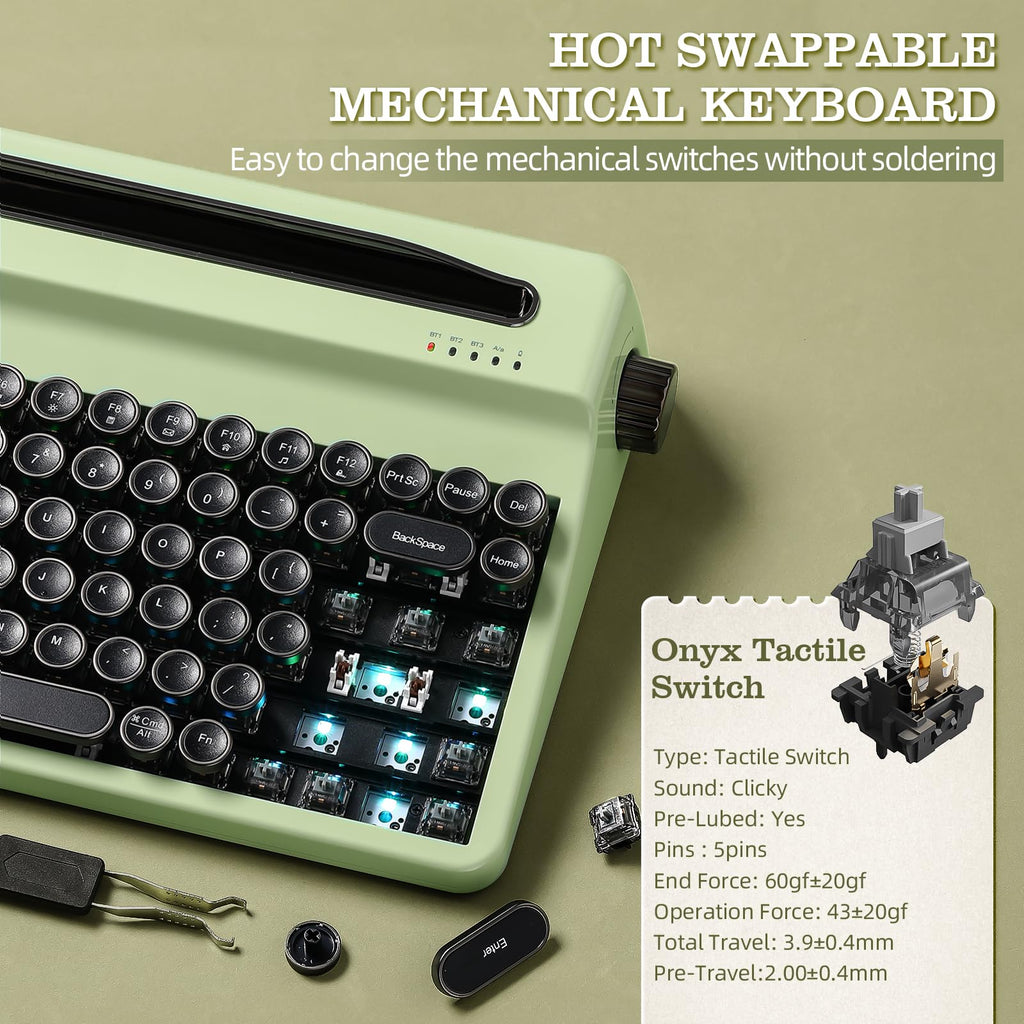 YUNZII QL75 Retro Typewriter Hot Swap RGB Keyboard (Green, Cocoa V2)
