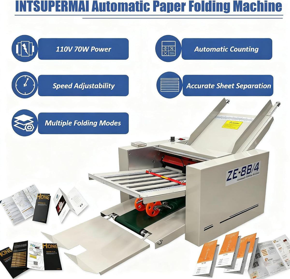 INTSUPERMAI 110V Automatic Paper Folding Machine, 4 Folding Plates, Multiple Folding Forms, Max Speed 262ft/min, Z Fold Paper Folding Machine for Manuals Document Business Letters