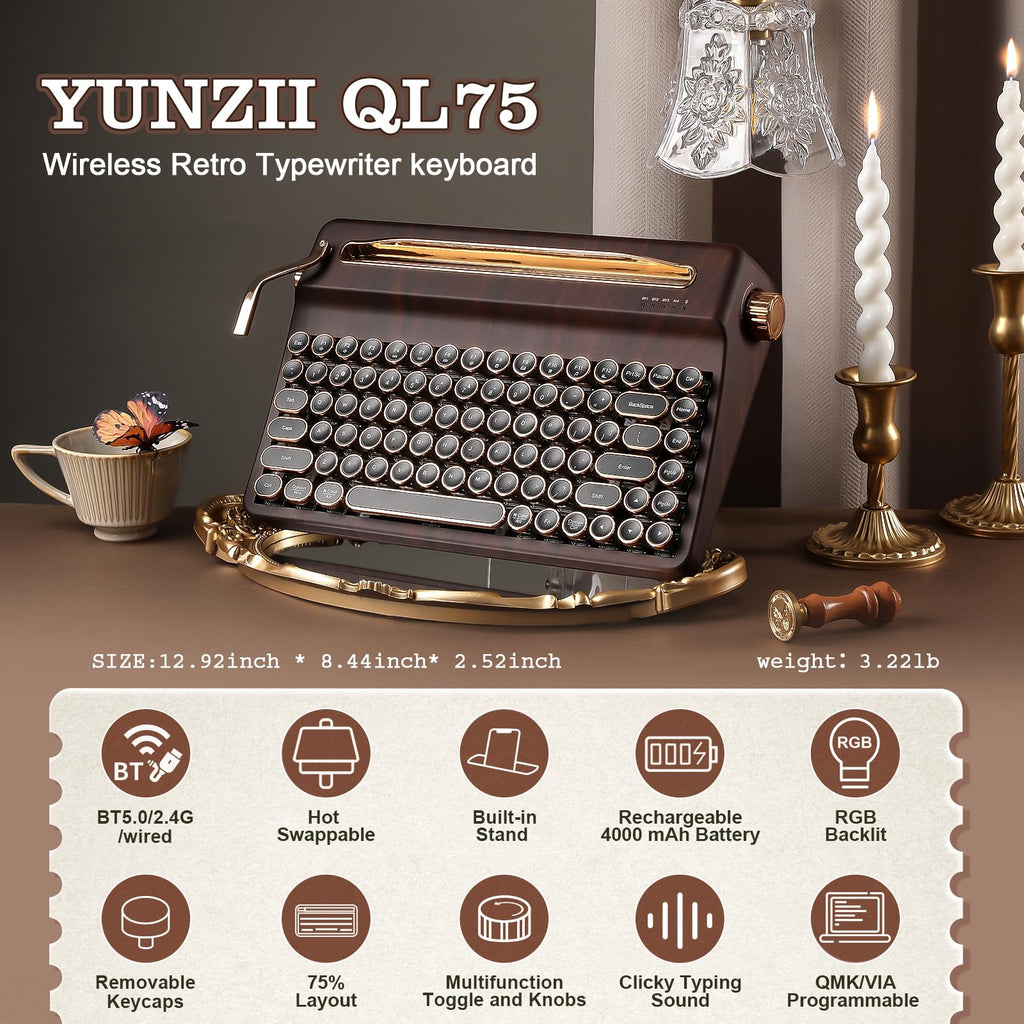 YUNZII QL75 Retro Typewriter Hot Swap RGB Keyboard (Green, Cocoa V2)