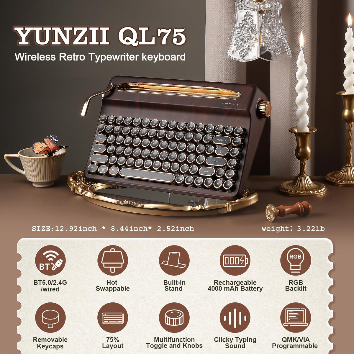 YUNZII QL75 Retro Typewriter Hot Swap RGB Keyboard (Green, Cocoa V2)