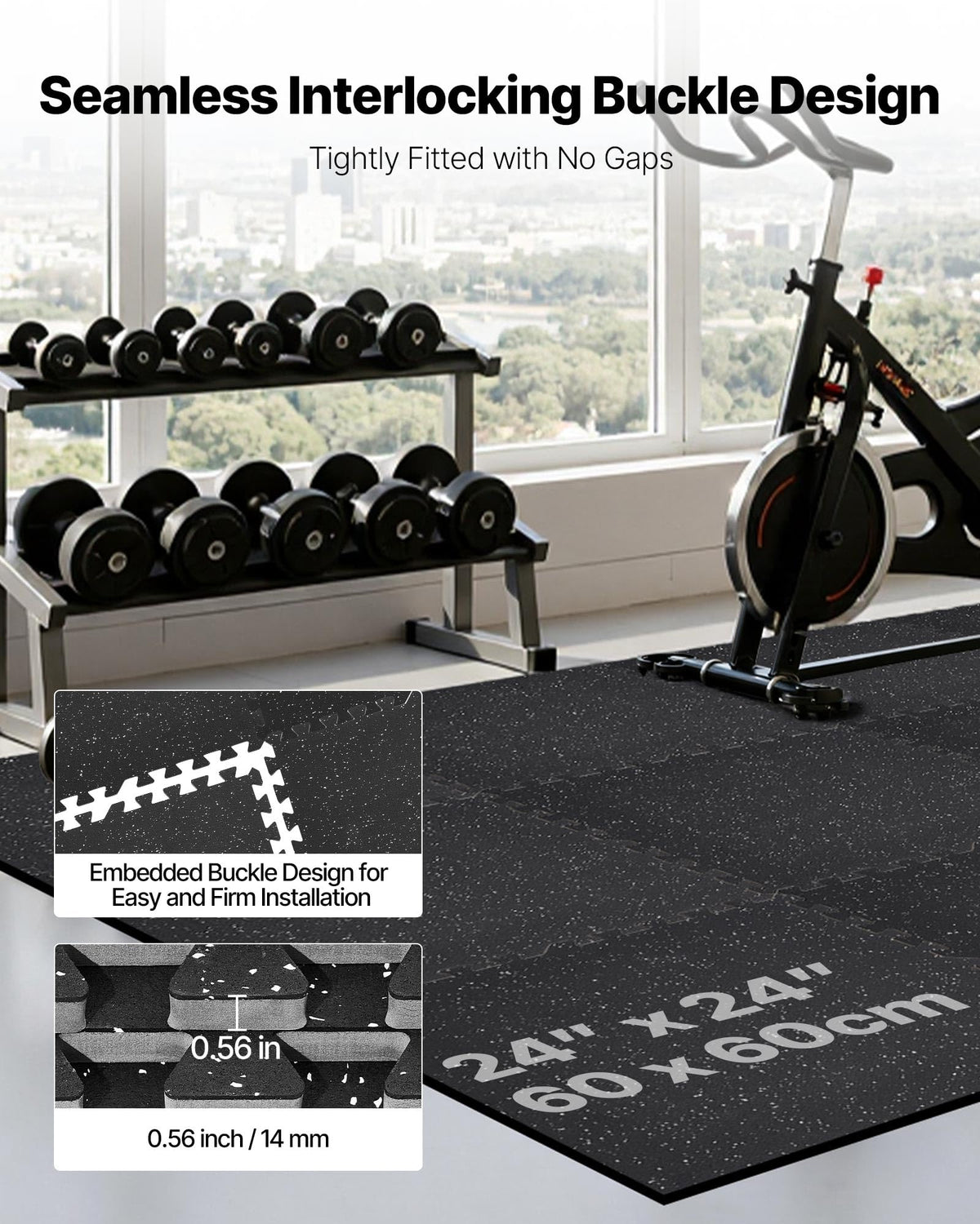 VEVOR 0.56Inch 96sq.ft 24 Tiles Gym Flooring for Home Gym, Rubber Top with High Density EVA Foam, 24 x 24In Gym Floor Exercise Equipment Mats, Interlocking Gym Mats, Puzzle Workout Mats, Black & Gray