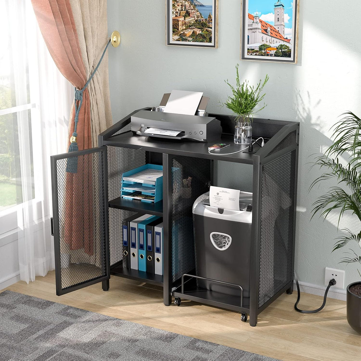Unikito Large Printer Stand with Power Outlet and Storage Shelf, Black