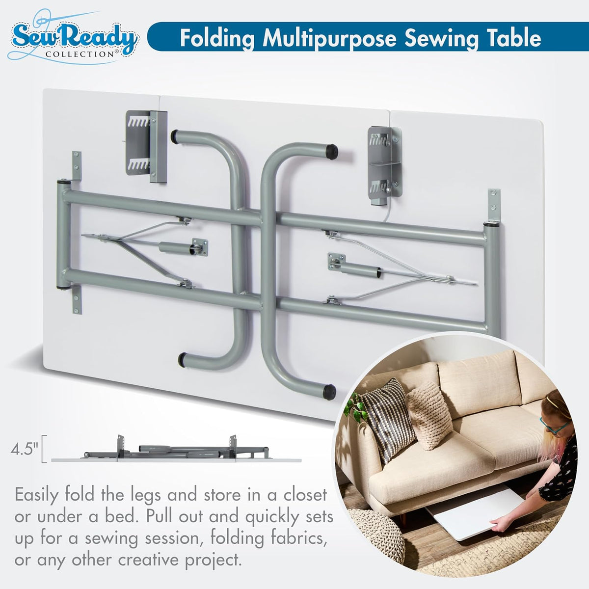 Sew Ready Folding Multipurpose Sewing Table - 47.5" W x 28" D Foldable White Hobby and Sewing Machine Table with Adjustable Shelf - Can Also Be Used as Computer Desk