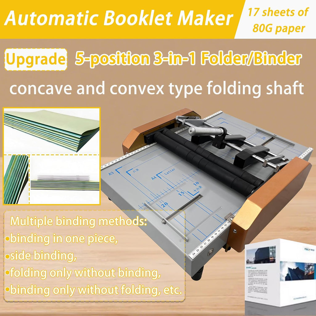 Automatic Booklet Maker & Folding Machine 110V Professional Desktop Booklet Stapler 17 Sheet 80G Paper Capacity 5 Stapling Positions Dual Action Binding Folding for Book and Paper