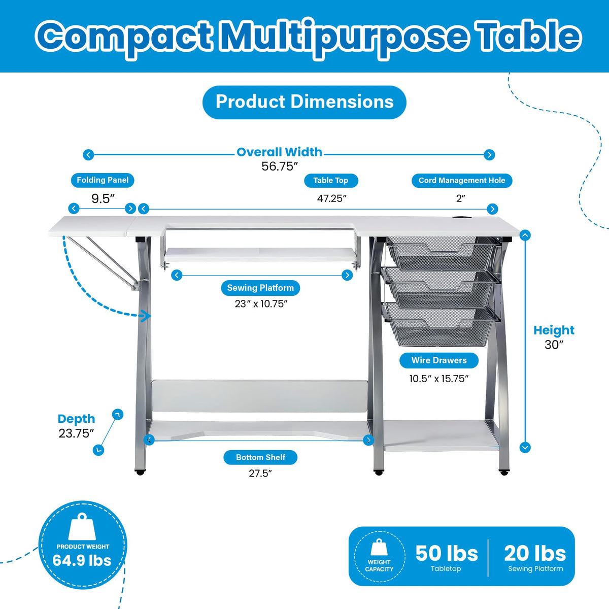 Sew Ready Folding Multipurpose Sewing Table - 47.5" W x 28" D Foldable White Hobby and Sewing Machine Table with Adjustable Shelf - Can Also Be Used as Computer Desk