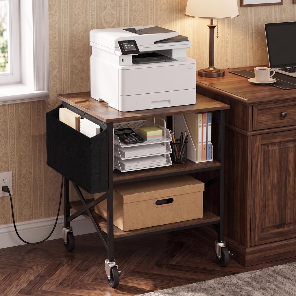 Tall Printer Stand with Charging Station, 4-Tier Mobile Cart, White