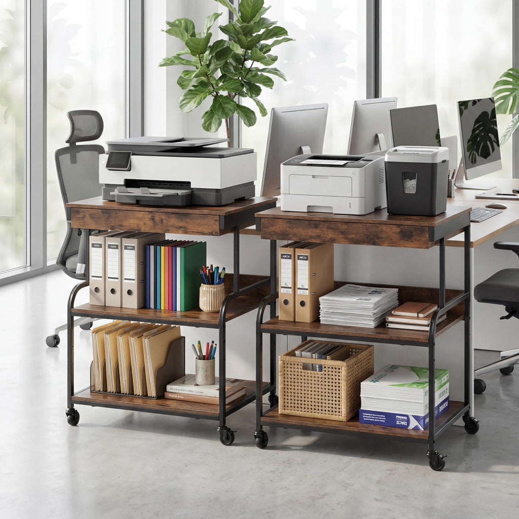 Tall Printer Stand with Charging Station, 4-Tier Mobile Cart, White