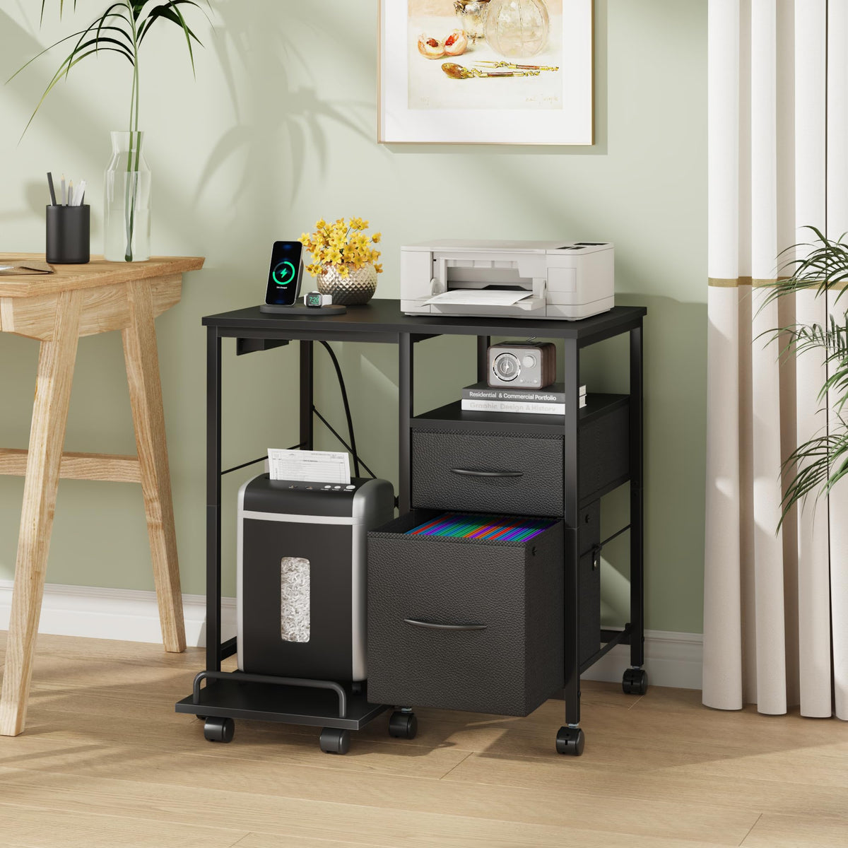 YAOHUOO Printer Stand with Power Outlet/Drawers, Printer and Shredder Stand