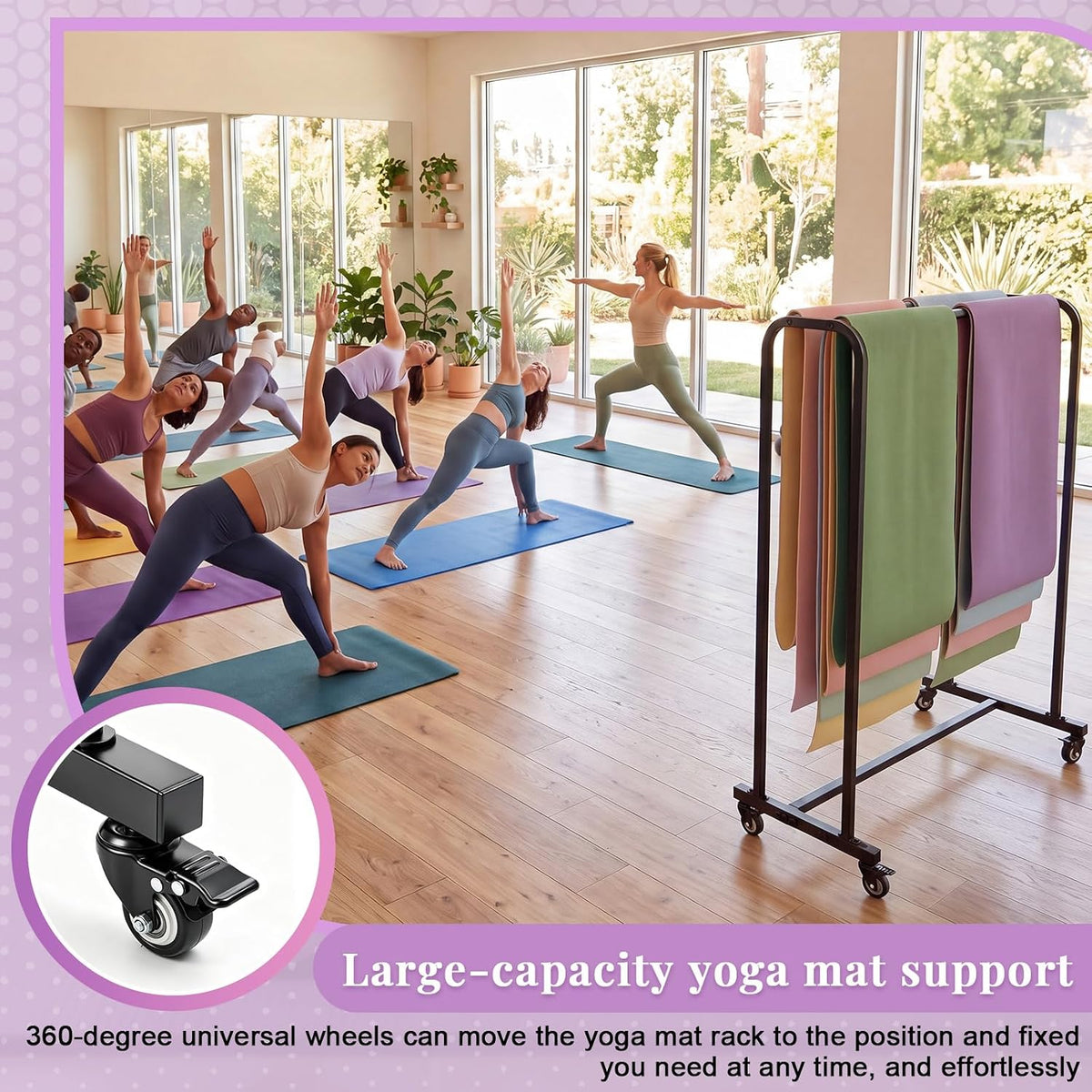 DaisyInner Yoga Mat Storage Rack with Wheels Holds up to 60-120 Yoga Mats Alloy Steel Rolling Exercise Mat Cart 54.5 x 48.5 x 25.5 Inches for Commercial Gym Studio School