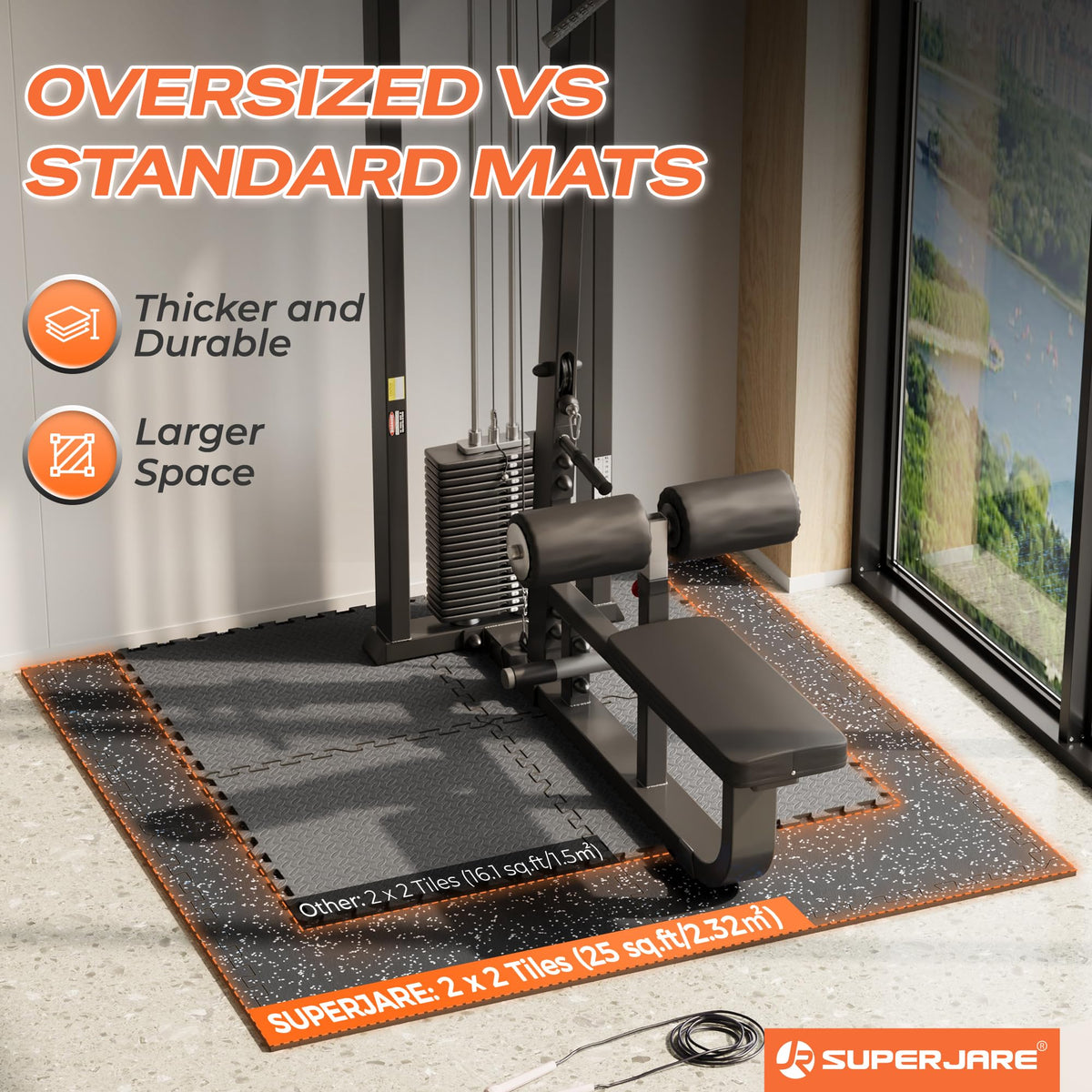 SUPERJARE 30" x 30" Larger Rubber Top Exercise Equipment Mats, 0.56" Thick 12PCS 75 Sq Ft High-Density EVA Foam Interlocking Gym Flooring, Big Workout Mat for Home Gym, Floor Protection, Black/Grey