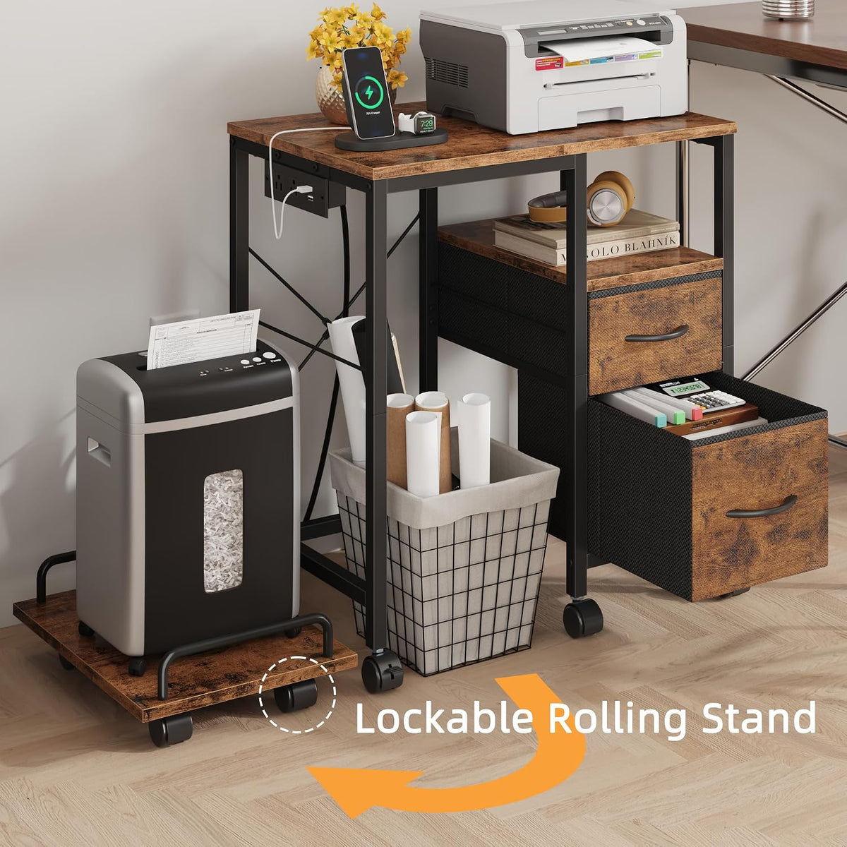 YAOHUOO Printer Stand with Power Outlet/Drawers, Printer and Shredder Stand
