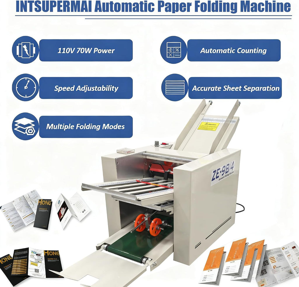 INTSUPERMAI Automatic Paper Folding Machine 110V Commercial Desktop Paper Folder with 4 Folding Plates Digital Counter Max 262ft/min Adjustable Speed for Manuals Document Business Letters