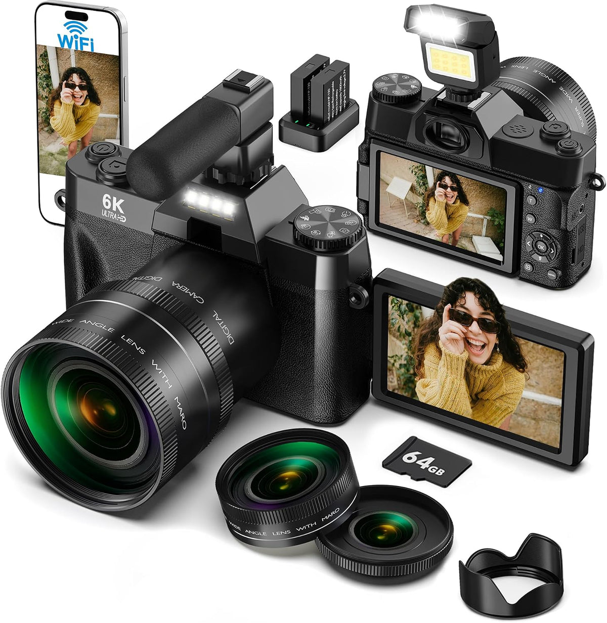 Yatao 6K WiFi Flip Screen Digital Camera, Mic & Fill Light for Photography