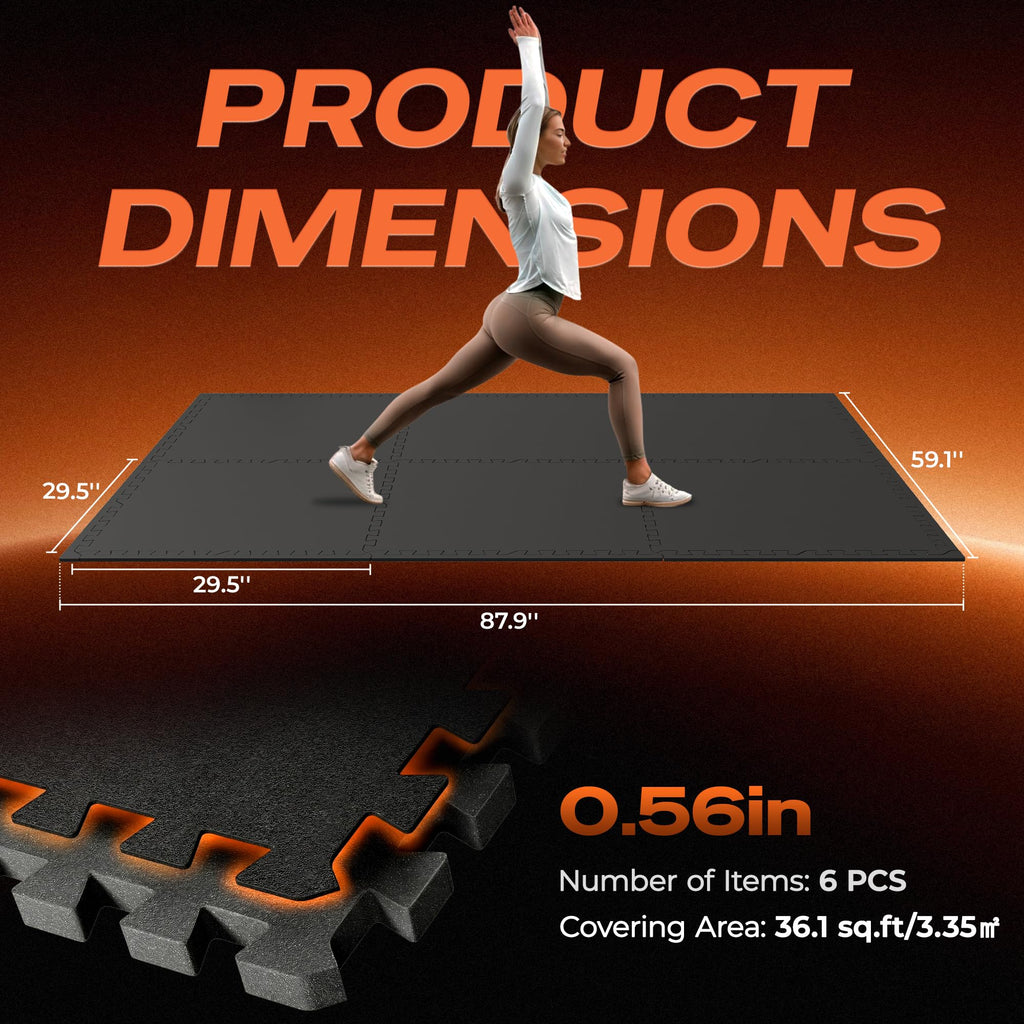 SUPERJARE 30" x 30" Larger Rubber Top Exercise Equipment Mats, 0.56" Thick 12PCS 75 Sq Ft High-Density EVA Foam Interlocking Gym Flooring, Big Workout Mat for Home Gym, Floor Protection, Black/Grey