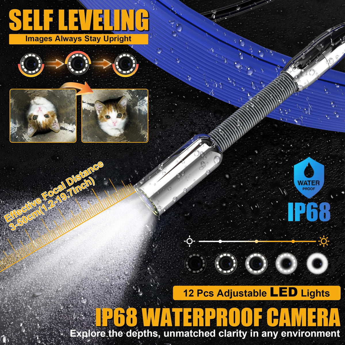 Powerwill Drain Camera with Self-Leveling, 165 ft / 50 m Sewer Pipe Inspection System, 9-Inch 1080P IPS Monitor, IP68-Rated Camera Head, 5 mm Push Cable with Meter Marking, DVR, 5X Zoom, 32GB Card
