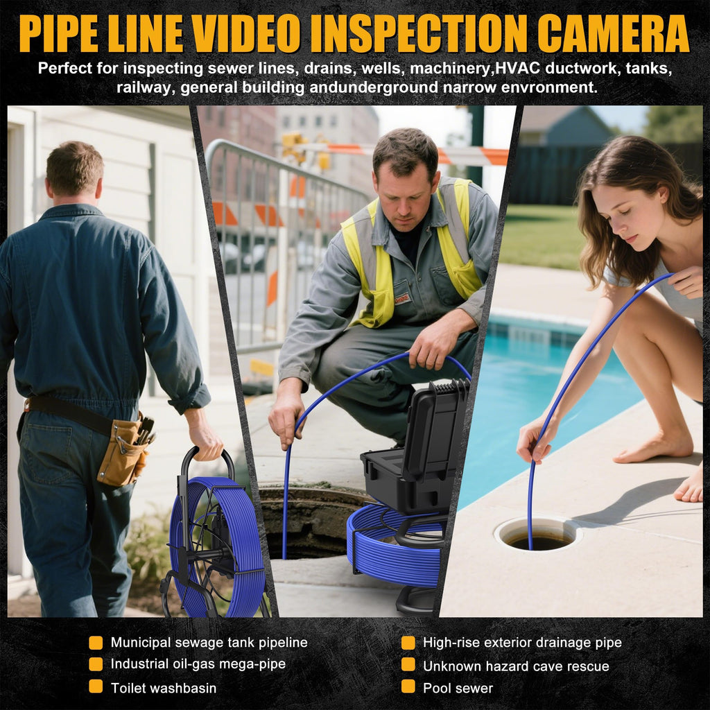 Powerwill Drain Camera with Self-Leveling, 165 ft / 50 m Sewer Pipe Inspection System, 9-Inch 1080P IPS Monitor, IP68-Rated Camera Head, 5 mm Push Cable with Meter Marking, DVR, 5X Zoom, 32GB Card
