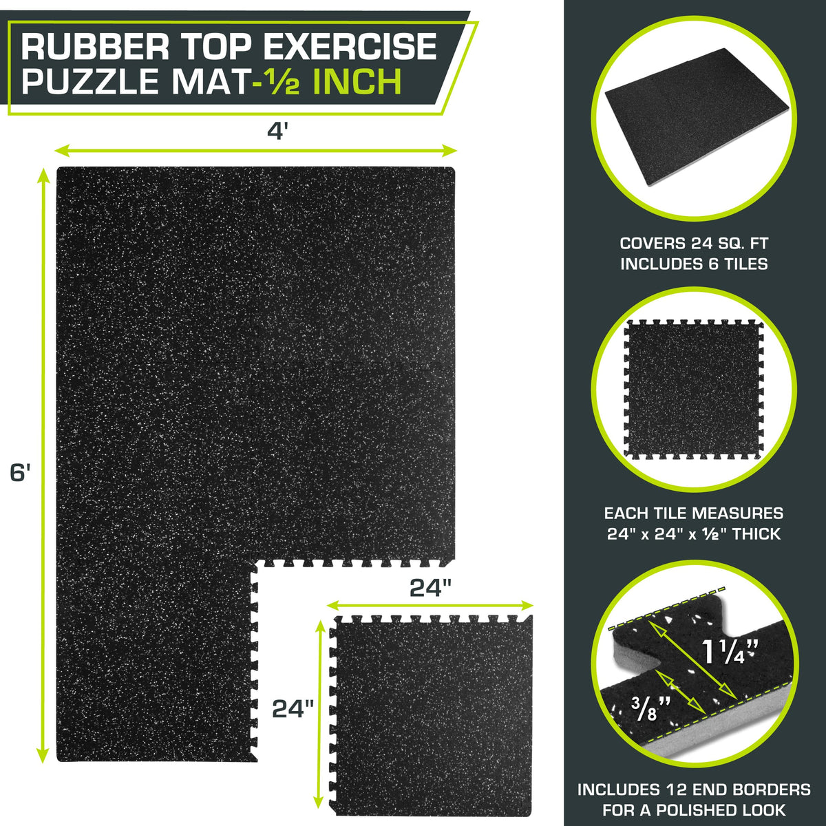 ProsourceFit Rubber Top Exercise Puzzle Mat Â½-inch, EVA Foam, Protective Interlocking Tiles for Home Gym Equipment and Workouts; Grey, 48 SQ FT, 12 Tiles