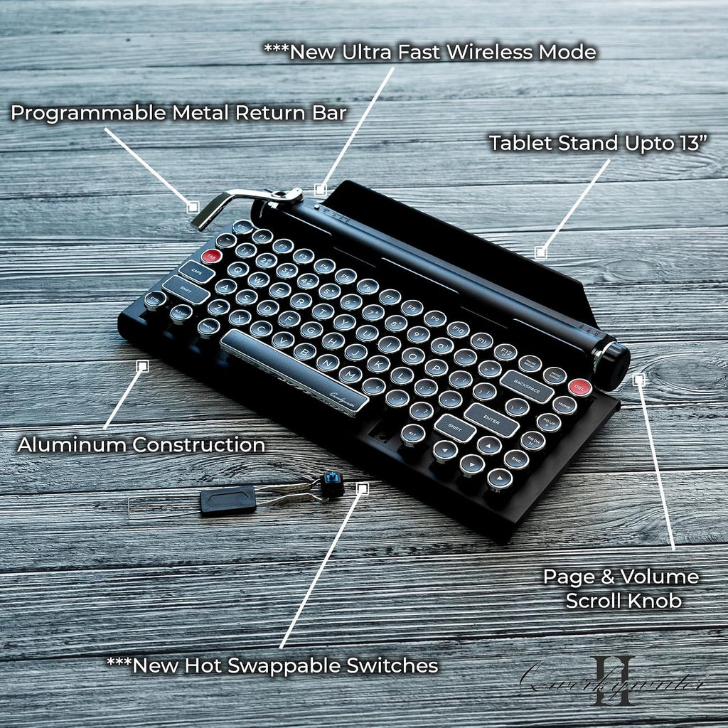 QWERKYTOYS QWERKYWRITER 2 Premium Aluminum Retro Typewriter Mechanical Keyboard with Hot-Swappable Switches, Fast Wireless Mode, Page Scroll Knob & Heavy-Duty Tablet Stand Mac/Win/Android/iOS