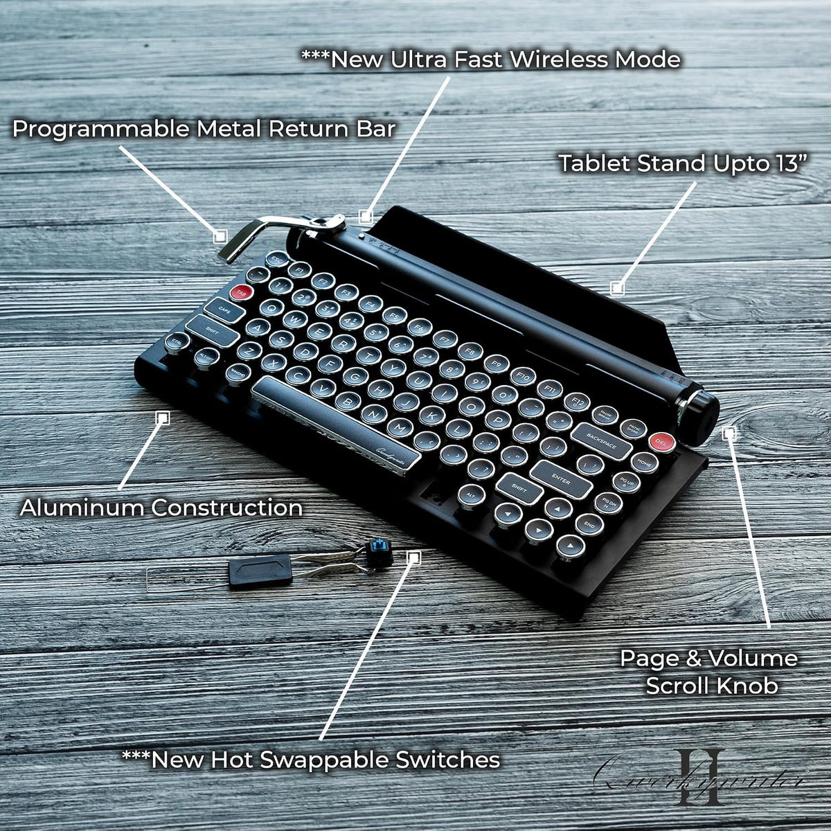 QWERKYTOYS QWERKYWRITER 2 Premium Aluminum Retro Typewriter Mechanical Keyboard with Hot-Swappable Switches, Fast Wireless Mode, Page Scroll Knob & Heavy-Duty Tablet Stand Mac/Win/Android/iOS