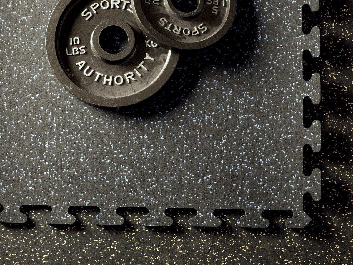 American Floor Mats Fit-Lock 3/8 Inch Heavy Duty Rubber Flooring - Interlocking Rubber Tiles (24" x 24" Tile) Solid Black 4' x 4' Set (4 Tiles Total) - Exercise Mats, Home Gym Sets