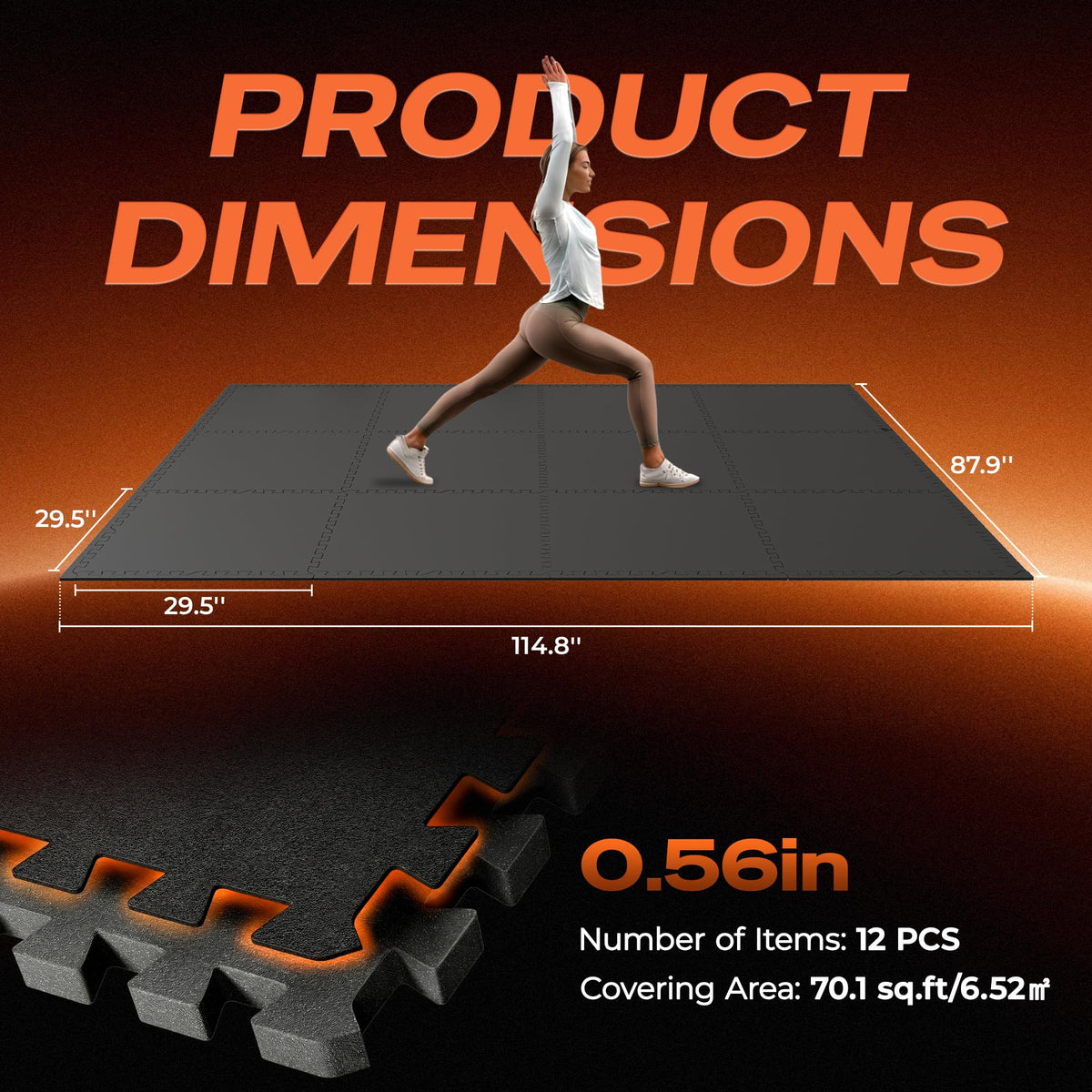 SUPERJARE 30" x 30" Larger Rubber Top Exercise Equipment Mats, 0.56" Thick 12PCS 75 Sq Ft High-Density EVA Foam Interlocking Gym Flooring, Big Workout Mat for Home Gym, Floor Protection, Black/Grey