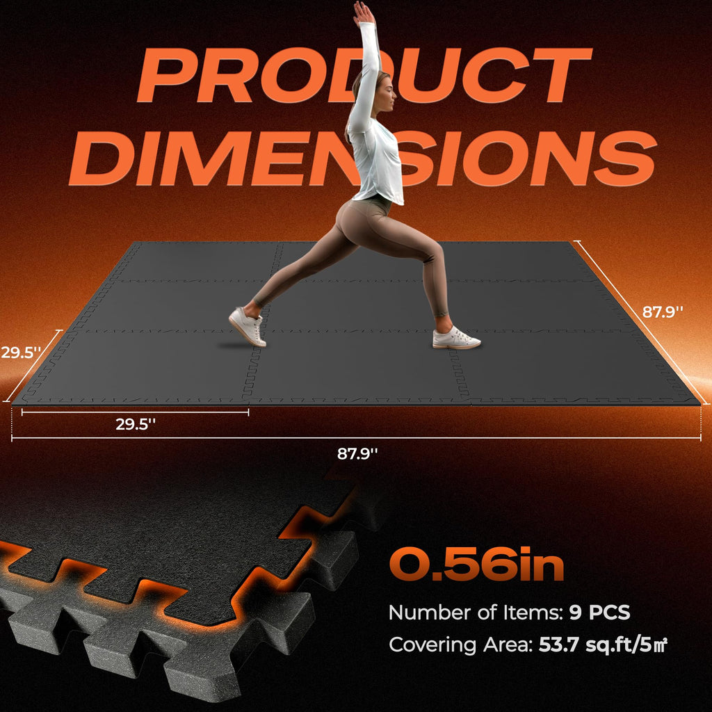 SUPERJARE 30" x 30" Larger Rubber Top Exercise Equipment Mats, 0.56" Thick 12PCS 75 Sq Ft High-Density EVA Foam Interlocking Gym Flooring, Big Workout Mat for Home Gym, Floor Protection, Black/Grey