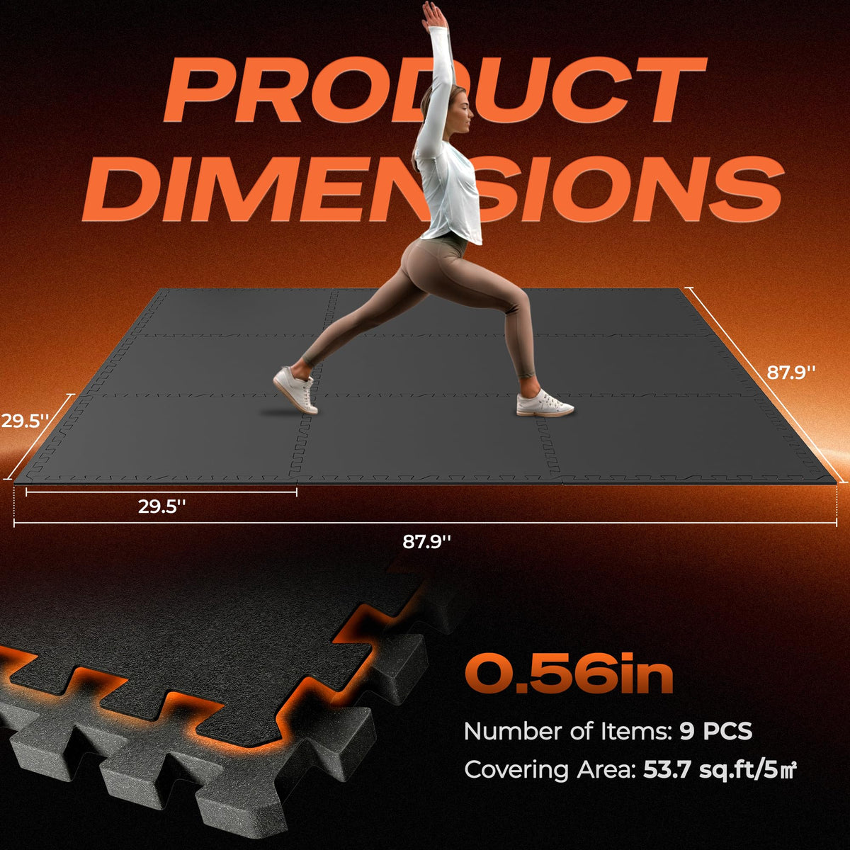 SUPERJARE 30" x 30" Larger Rubber Top Exercise Equipment Mats, 0.56" Thick 12PCS 75 Sq Ft High-Density EVA Foam Interlocking Gym Flooring, Big Workout Mat for Home Gym, Floor Protection, Black/Grey