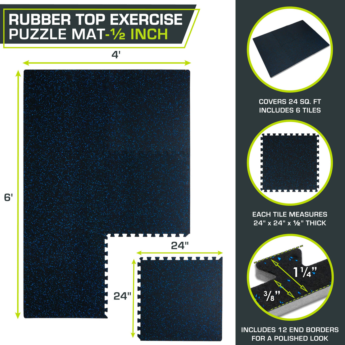 ProsourceFit Rubber Top Exercise Puzzle Mat Â½-inch, EVA Foam, Protective Interlocking Tiles for Home Gym Equipment and Workouts; Grey, 48 SQ FT, 12 Tiles