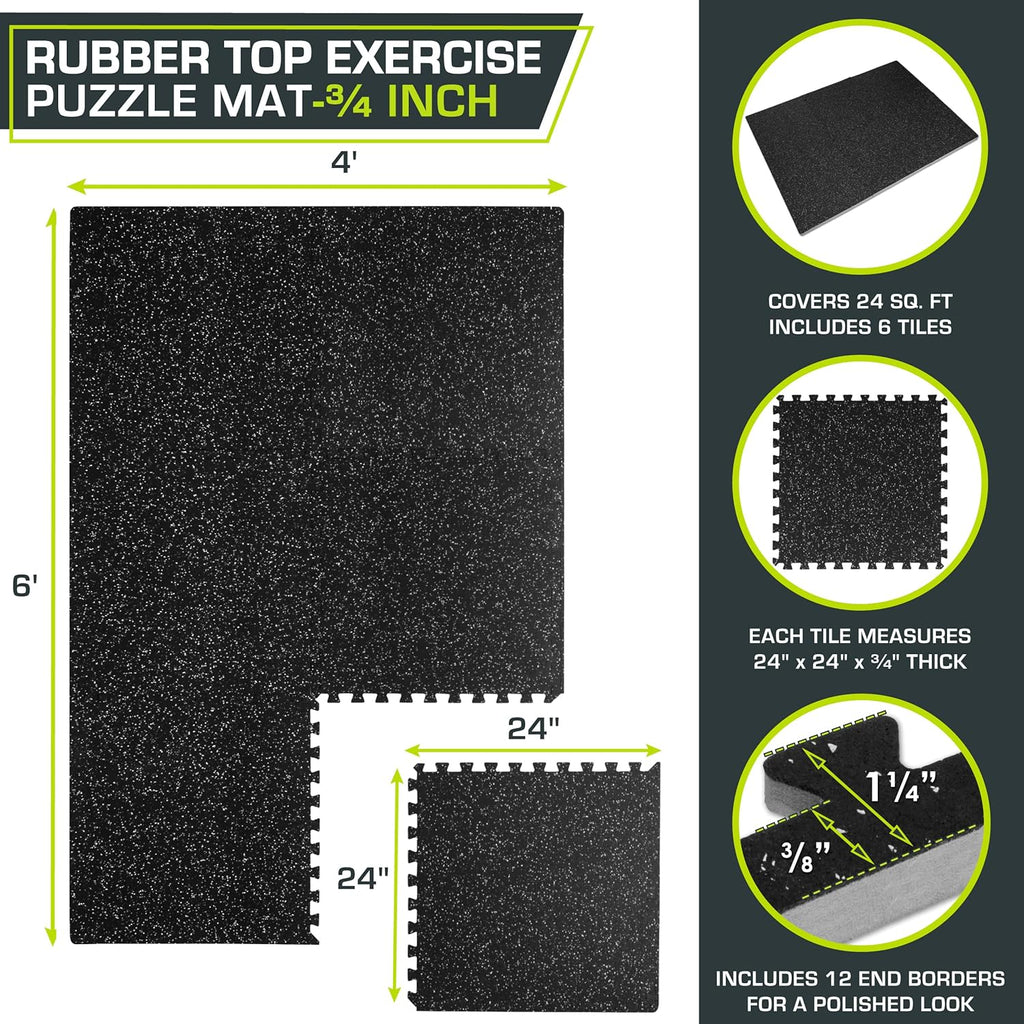 ProsourceFit Rubber Top Exercise Puzzle Mat Â¾-inch, EVA Foam, Protective Interlocking Tiles for Home Gym Equipment and Workouts; Grey, 24 SQ FT, 6 Tiles
