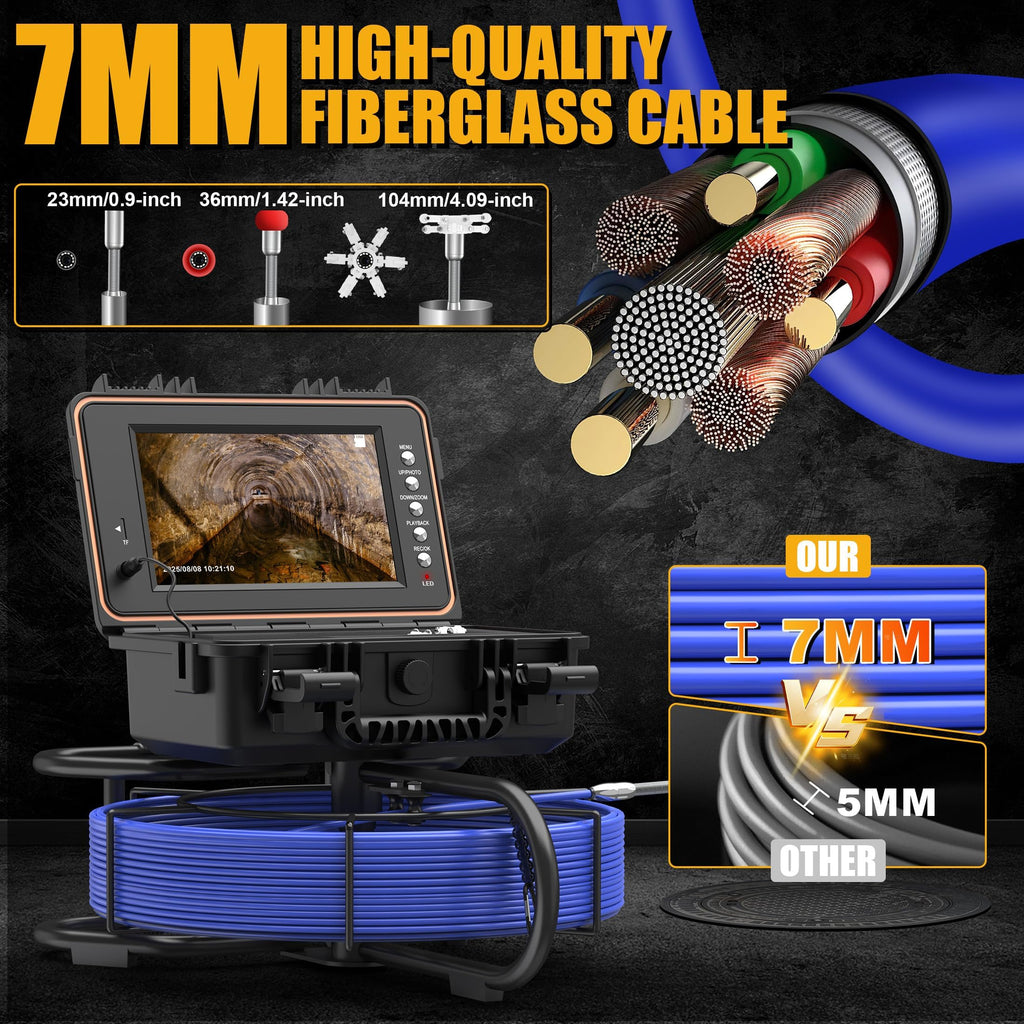 Powerwill Drain Camera with Self-Leveling, 165 ft / 50 m Sewer Pipe Inspection System, 9-Inch 1080P IPS Monitor, IP68-Rated Camera Head, 5 mm Push Cable with Meter Marking, DVR, 5X Zoom, 32GB Card