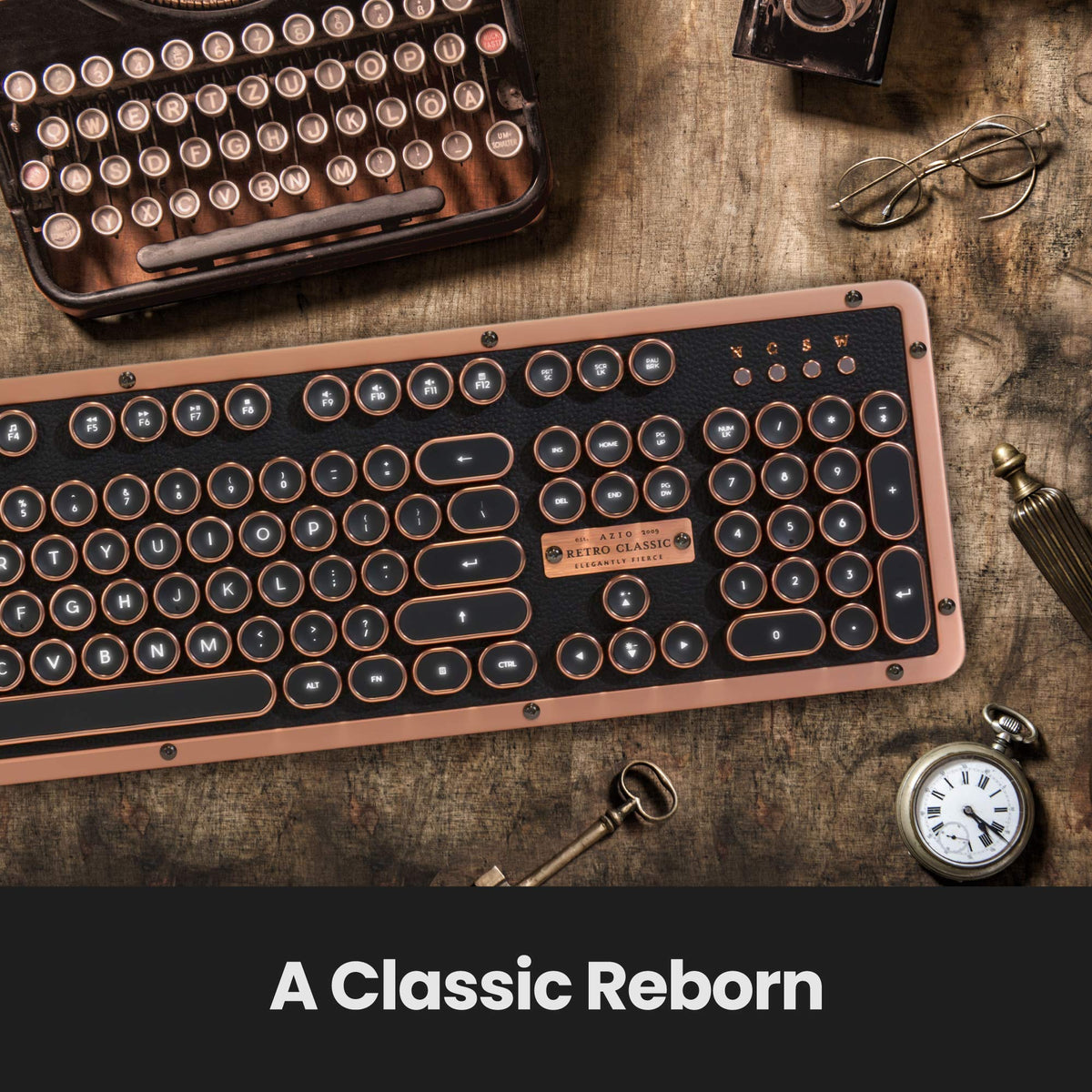 Azio Retro Classic Bluetooth Elwood - Bluetooth Luxury Vintage Backlit Mechanical Keyboard (Blue Switch, Walnut Wood, Gunmetal Matte Frame)(MK-RETRO-W-BT-01-US)